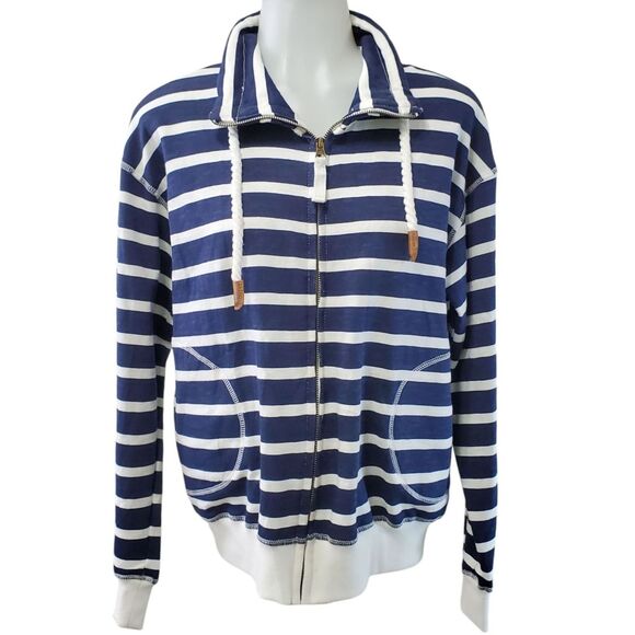 Tribal Nautical Cotton Cardigan Jacket P/S Navy White Zippered Pockets - Picture 1 of 9